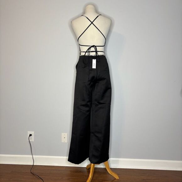 Nasty Gal- Black Premium Satin Diamante Trim Strap Back Jumpsuit - Picture 5 of 7